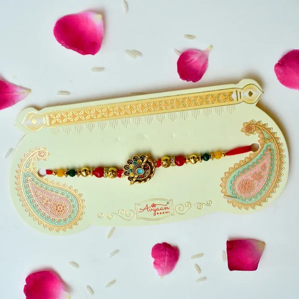 Regal Peacock Charm Rakhi – RK-191 | Designer Rakhi with Colorful Bead Accents - Image 2