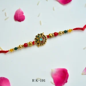 Regal Peacock Charm Rakhi – RK-191 | Designer Rakhi with Colorful Bead Accents