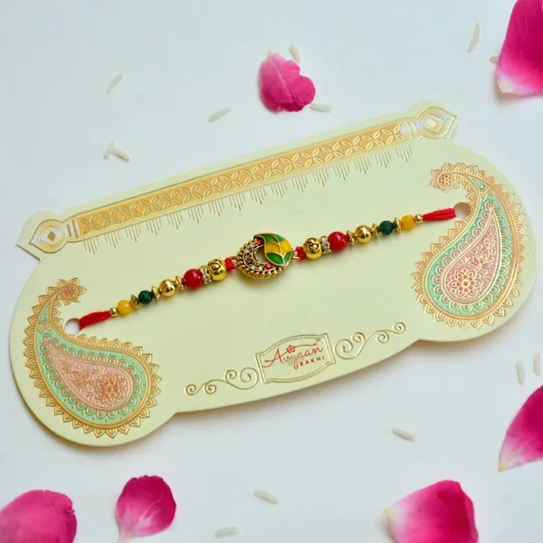 Graceful Leaf Drop Rakhi – RK-193 | Designer Rakhi with Green-Yellow Enamel - Image 2