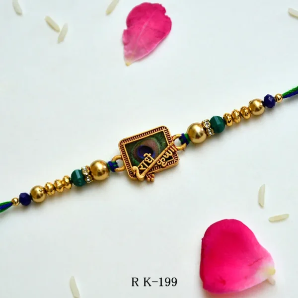 Peacock Grace Rakhi – RK-199 | "Shree Krishna" Script & Peacock Feather Design in Antique Gold Frame