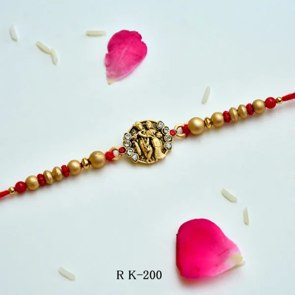 Ram Darbar Rakhi – RK-200 | Traditional Rakhi with Antique Finish Centerpiece & Golden Beads