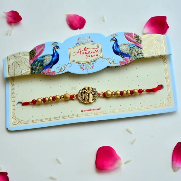 Ram Darbar Rakhi – RK-200 | Traditional Rakhi with Antique Finish Centerpiece & Golden Beads - Image 2