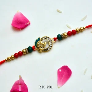 Graceful Ganesha Rakhi – RK-201 | Crystal Studded Circle & Lord Ganesha Motif