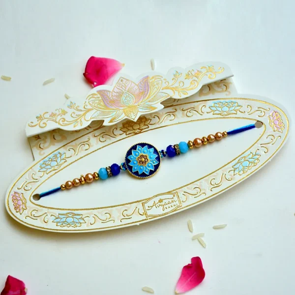 Royal Blue Lotus Mandala Rakhi – RK-206 | Meenakari Round Dial Rakhi with Crystal Accents - Image 2
