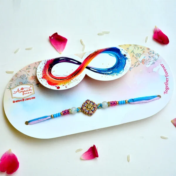 Blossom Charm Rakhi – RK-212 | Colourful Floral Motif Rakhi with Pink & Blue Beads - Image 2