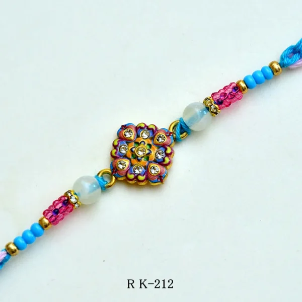 Blossom Charm Rakhi – RK-212 | Colourful Floral Motif Rakhi with Pink & Blue Beads - Image 1