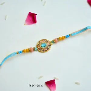 Peach & Aqua Stone Rakhi – RK-214 | Elegant Beaded Rakhi with Circular CZ Pendant