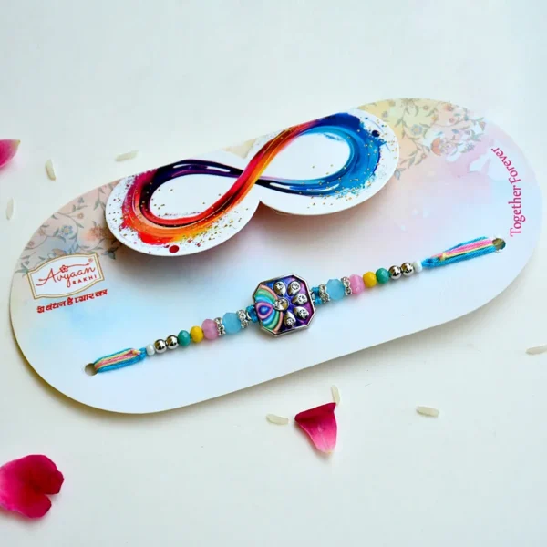 Vibrant Multicolour Crystal Rakhi – RK-215 | Designer Octagon Enamel Rakhi - Image 2