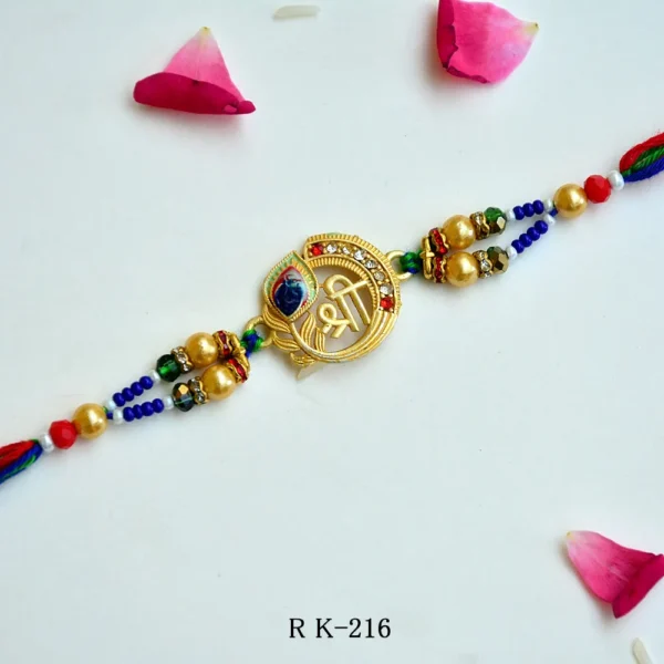 Divine Shree Symbol Rakhi – RK-216 | Elegant Spiritual Rakhi with Beads & Enamel Work - Image 1