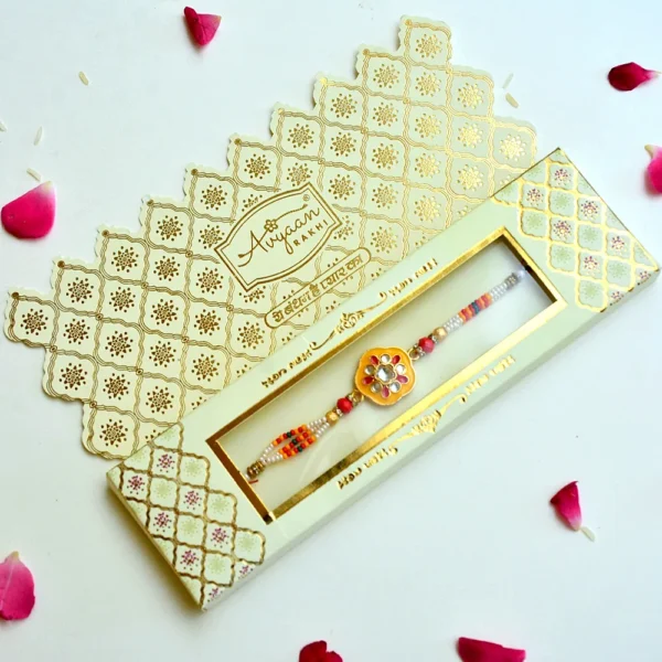 Vibrant Kundan Floral Rakhi – RK-217 | Traditional Rakhi with Beads & Multicolor Threads - Image 2