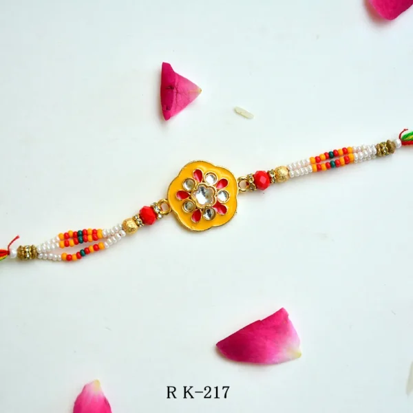 Vibrant Kundan Floral Rakhi – RK-217 | Traditional Rakhi with Beads & Multicolor Threads - Image 1