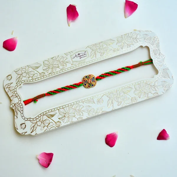 Swastik Traditional Rakhi – RK-224 | Handcrafted Rakhi with Red-Green Braided Thread - Image 2