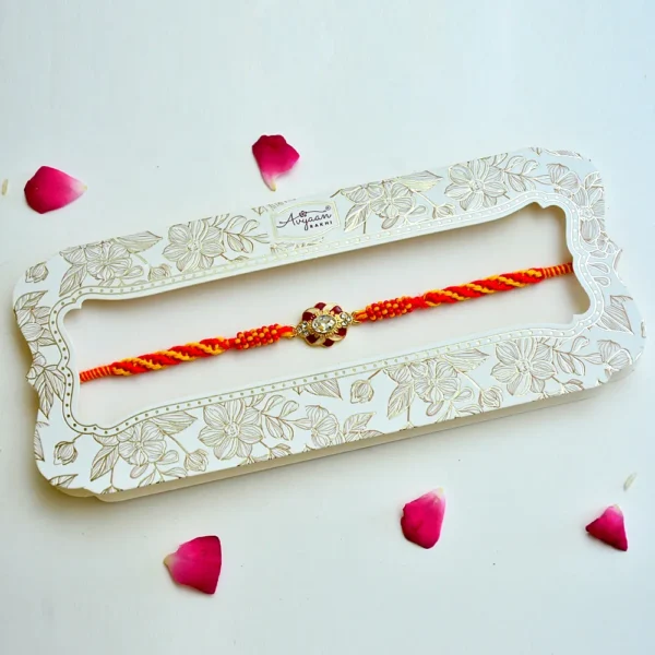 Elegant Stone Rakhi – RK-225 | Red-Yellow Braided Thread with Sparkling Centerpiece - Image 2