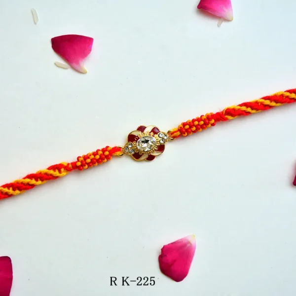 Elegant Stone Rakhi – RK-225 | Red-Yellow Braided Thread with Sparkling Centerpiece - Image 1