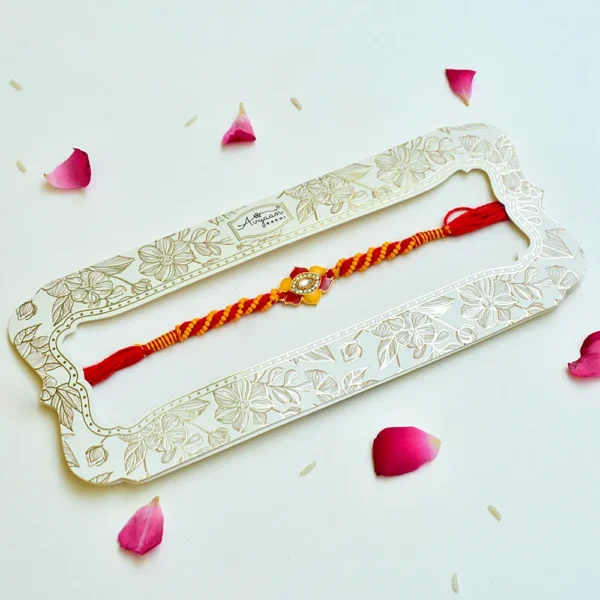 Sunlit Bloom Rakhi – RK-226 | Floral Rakhi with Yellow-Red Thread Work & Crystal Centerpiece - Image 2