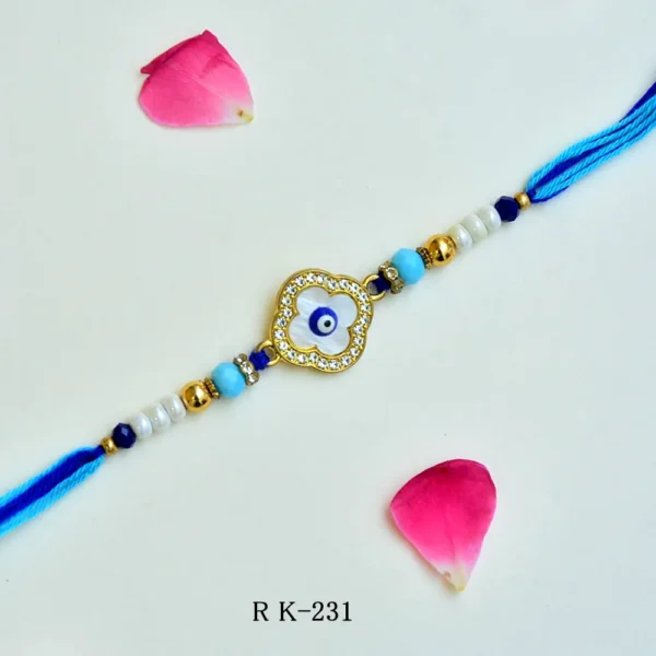 Evil Eye Protection Rakhi – RK-231 | Blue Beaded Charm with Crystal Studded Frame
