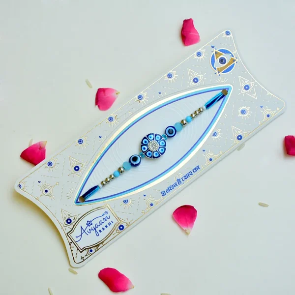 Premium Evil Eye Rakhi – RK-233 | Blue Crystal Design with Anti-Nazar Beads - Image 2