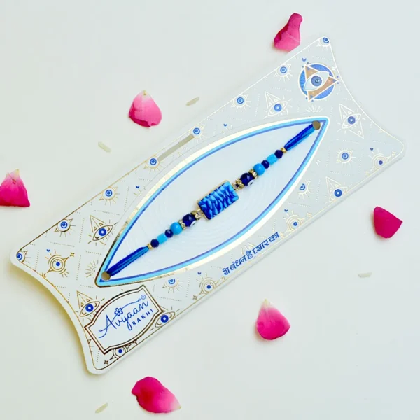 Textured Blue Evil Eye Rakhi – RK-234 | Designer Rectangle Bead with Beaded Thread - Image 2