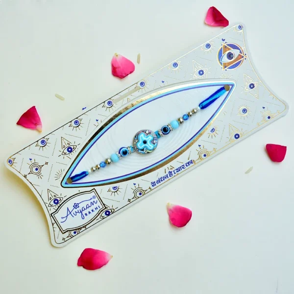 Blue Mandala Evil Eye Rakhi – RK-235 | Round Designer Centerpiece with Beaded Thread - Image 2