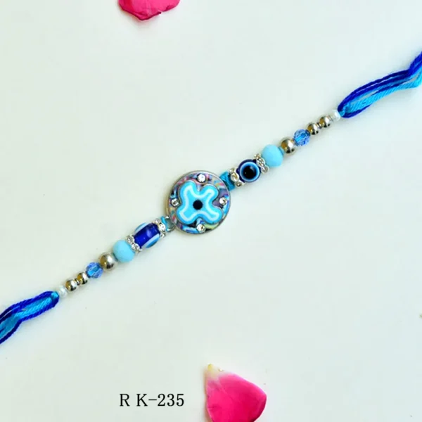 Blue Mandala Evil Eye Rakhi – RK-235 | Round Designer Centerpiece with Beaded Thread - Image 1