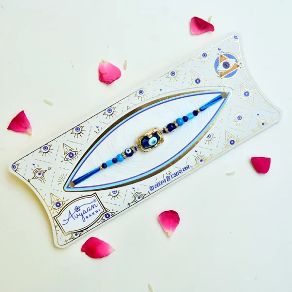 Blue Evil Eye Rakhi – RK-236 | Protective Glass Bead Rakhi with Luxe Golden Frame & Blue Thread - Image 2