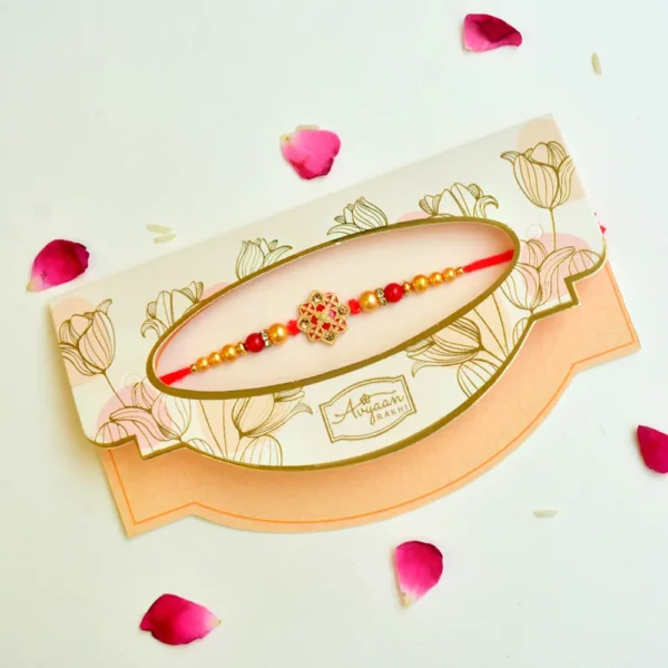 Elegant Red Floral Rakhi – RK-237 | Intricate Mandala Design with Golden Beads & Red Thread - Image 2