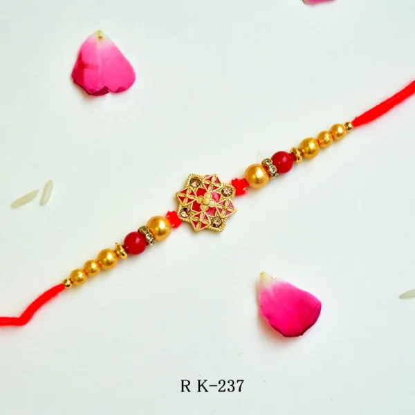 Elegant Red Floral Rakhi – RK-237 | Intricate Mandala Design with Golden Beads & Red Thread - Image 1