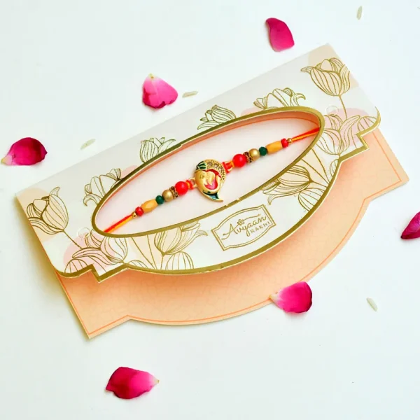 Traditional Ganesha Rakhi – RK-238 | Antique Finish Pendant with Multicolor Beads & Dual Thread - Image 2