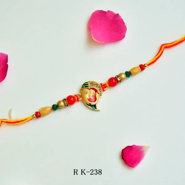 Traditional Ganesha Rakhi – RK-238 | Antique Finish Pendant with Multicolor Beads & Dual Thread - Image 1