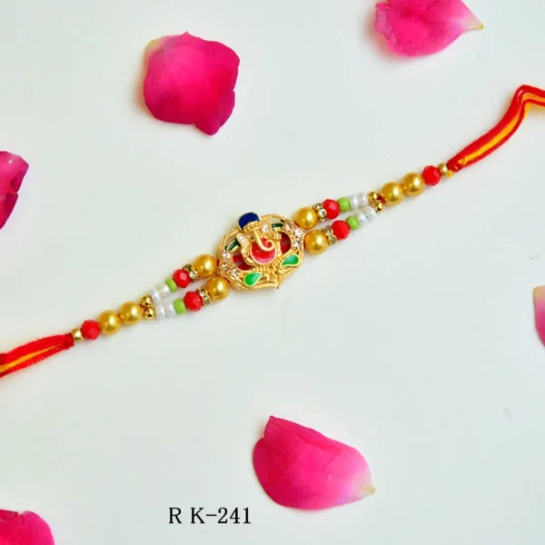 Colorful Ganesha Rakhi – RK-241 | Multicolor Beaded Rakhi with Golden Ganesha Motif - Image 1