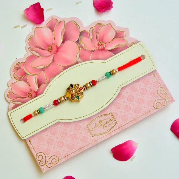 Premium Multicolor Rakhi – RK-243 | Elegant Stone-Studded Rakhi with Pearl Beads & Enamel Charm - Image 2