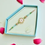 Pastel Peach & Green Stone Rakhi – RK-245 | Elegant Floral Design with Diamond Centerpiece - Image 2