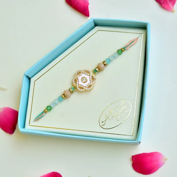 Pastel Peach & Green Stone Rakhi – RK-245 | Elegant Floral Design with Diamond Centerpiece - Image 2