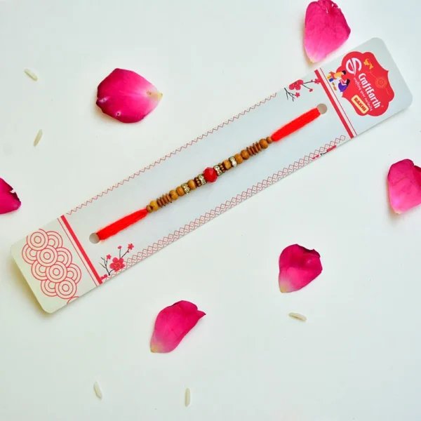 RK-250 | Traditional Wooden Beads Rakhi with Red Crystal Accent (Set of 12) - Image 2