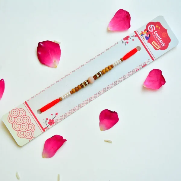 RK-251 | Elegant Wooden & Pearl Beads Rakhi with Soft Pink Centerpiece (Set of 12) - Image 2