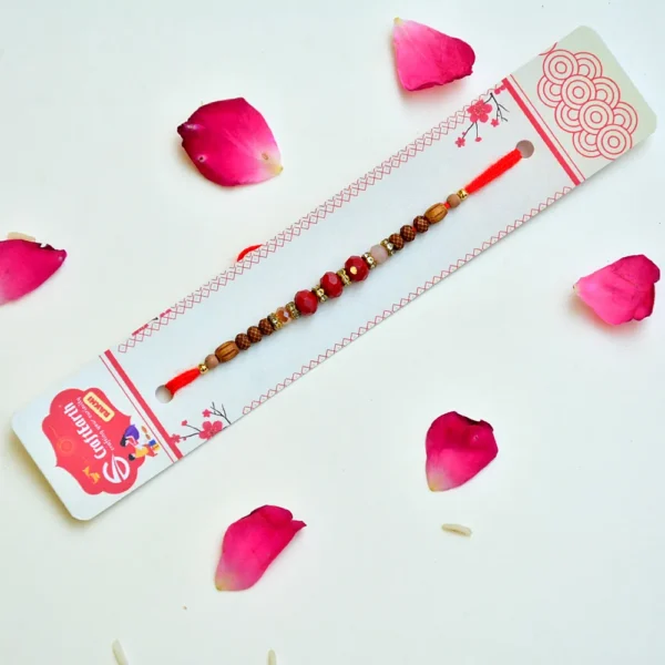 RK-252 | Traditional Rudraksha Rakhi with Red Crystal Beads & Golden Spacers (Set of 12) - Image 2