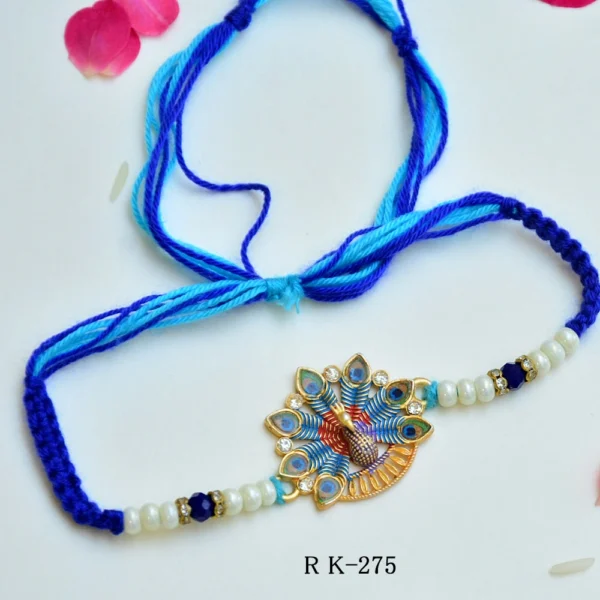 Beautiful Peacock Charm Rakhi with Beaded Pearls - RK-275 - Image 1