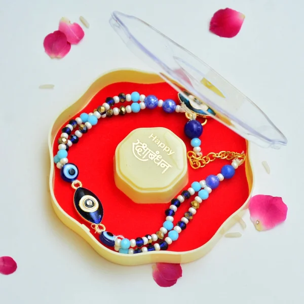 Dual Evil Eye Charm Rakhi Bracelet with Layered Beaded Design - RK-277 - Image 2