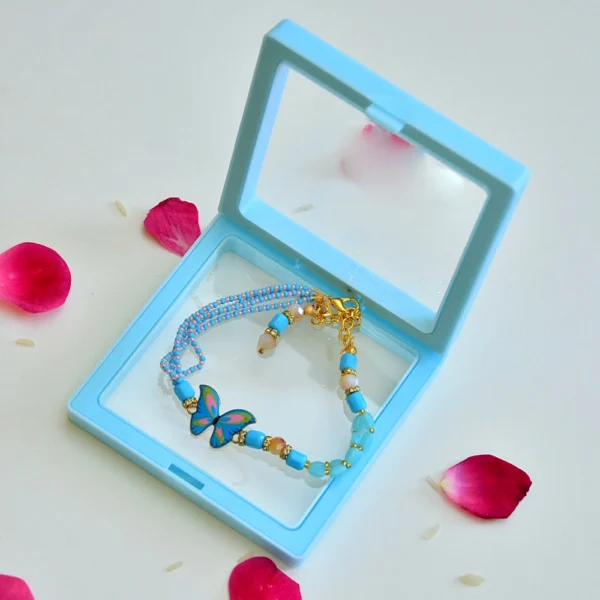 Vibrant Butterfly Charm Rakhi Bracelet - RK-281 - Pastel Beaded & Pearl Design - Image 2