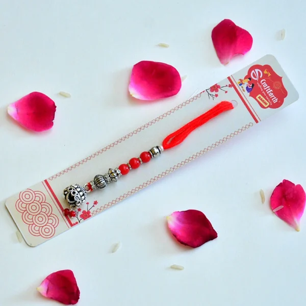 Silver-Tone Elegant Lumba Rakhi with Red Beads - RK-289 - Image 2