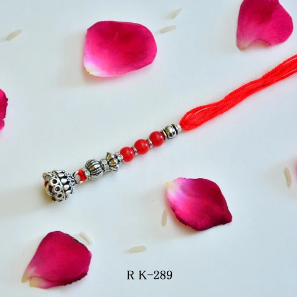 Silver-Tone Elegant Lumba Rakhi with Red Beads - RK-289 - Image 1