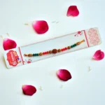 Divine Rudraksha Rakhi with Red-Green Crystal Beads - RK-299 | Sacred Elegance for Raksha Bandhan - Image 2