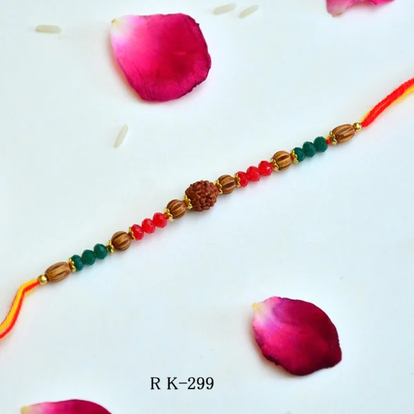 Divine Rudraksha Rakhi with Red-Green Crystal Beads - RK-299 | Sacred Elegance for Raksha Bandhan - Image 1