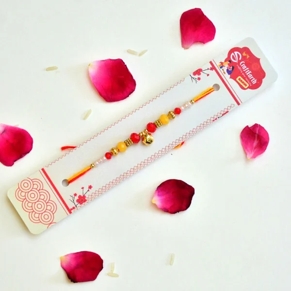 Traditional Ghungroo Rakhi | Elegant Rakhi with Red Stone, Pearl Beads & Crystal Embellishment for Brother - Image 2