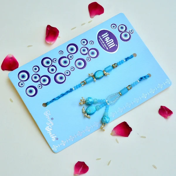 Elegant Turquoise Beaded Bhaiya Bhabhi Rakhi Set - RK-307 - Image 2
