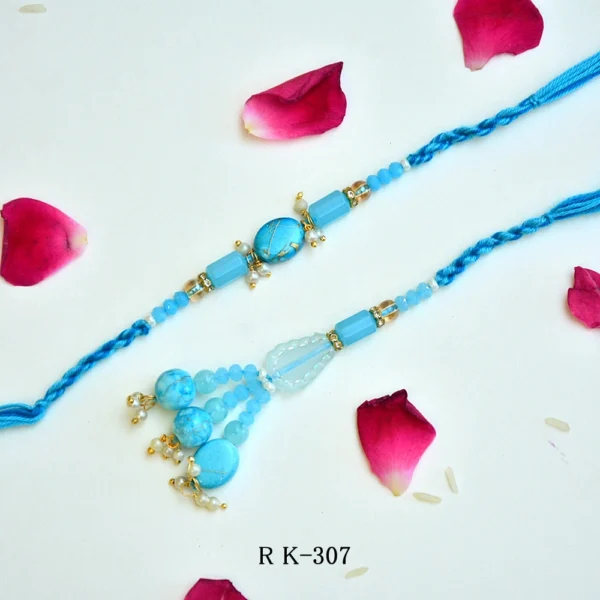 Elegant Turquoise Beaded Bhaiya Bhabhi Rakhi Set - RK-307 - Image 1