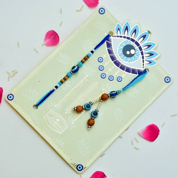 Elegant Evil Eye Bhaiya Bhabhi Rakhi Set with Pearl Beads - RK-261 - Image 2