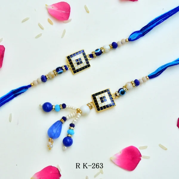 Blue Mosaic Evil Eye Bhaiya-Bhabhi Rakhi Set – RK-263 | Elegant Beads & Stonework - Image 1