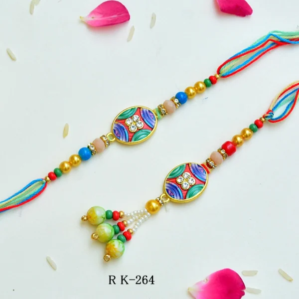 Colorful Enamel Bhaiya-Bhabhi Rakhi Set – RK-264 | Multicolor Beads & Stone Embellishment - Image 1