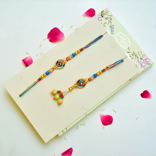 Multicolor Enamel Bhaiya-Bhabhi Rakhi Set – RK-266 | Beads & Stone Embellishment - Image 2